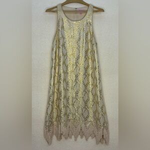 Stunning Lilly Pulitzer Cream Silk & Metallic Gold Shift Dress with Tassel Trim